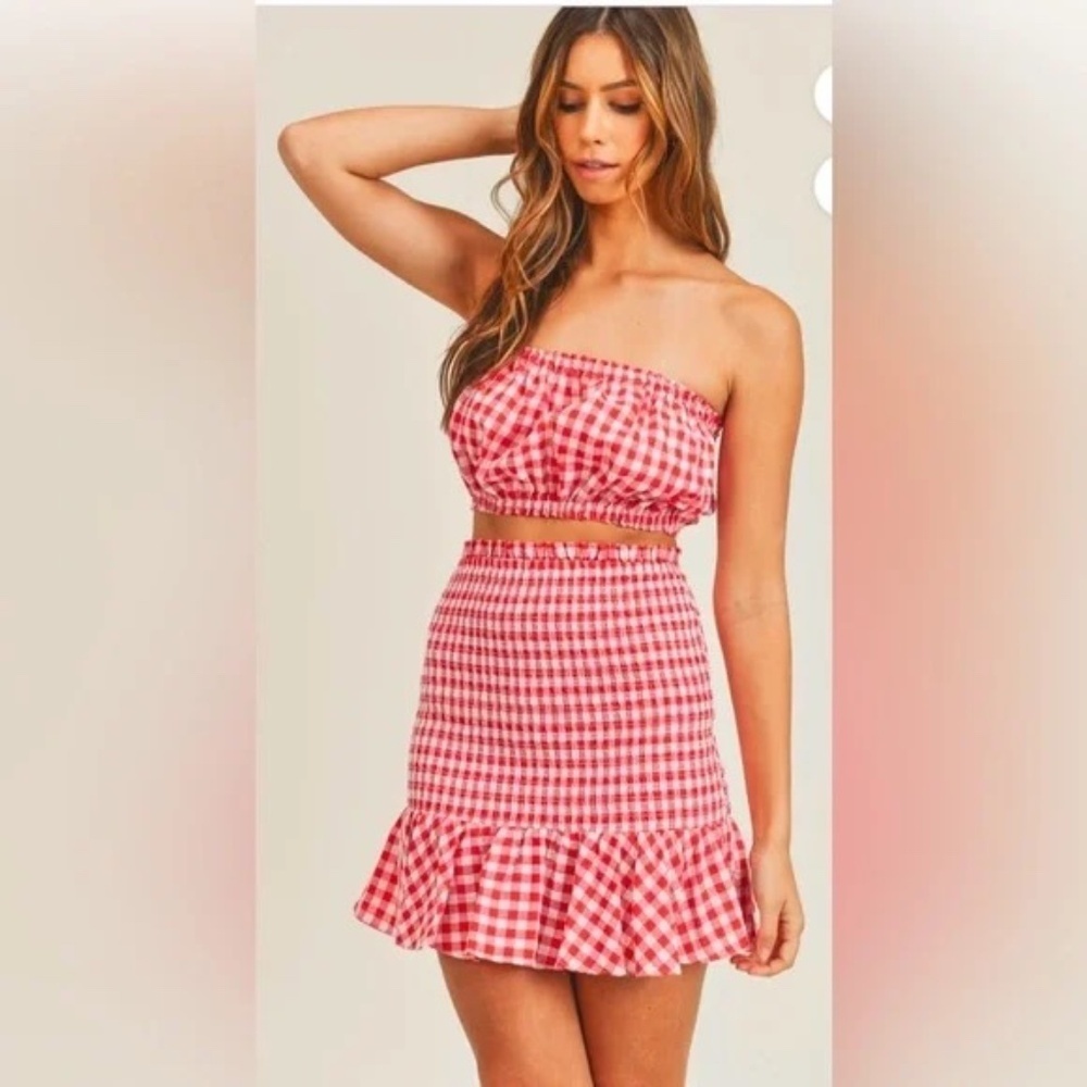 NWT Anthropologie Pink Gingham Skirt and Top Set Large